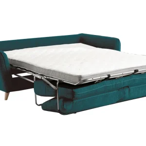 Canapé Convertible Scandinave 3 Places En Tissu Bleu Paon Et Bois Clair Avec Matelas 10 Cm CREEP 13