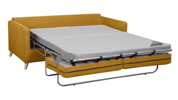 Canapé Convertible Scandinave 3 Places En Tissu Jaune Cumin Et Bois Clair Avec Matelas 10 Cm PAPEL 4