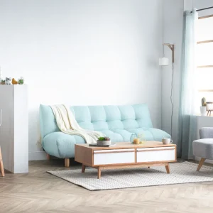 Canapé Convertible Scandinave En Tissu Menthe à L’eau Et Bois Clair YUMI 20