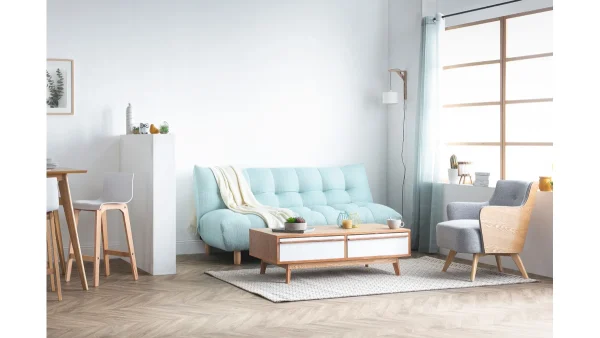 Canapé Convertible Scandinave En Tissu Menthe à L’eau Et Bois Clair YUMI Promotio de vente 7