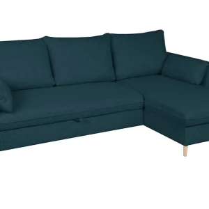 exclusivement disponibles Canapé D’angle Convertible Réversible Avec Coffre 3-4 Places En Tissu Bleu Océan Et Bois Clair DRISS 10