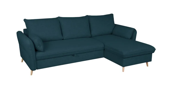 exclusivement disponibles Canapé D’angle Convertible Réversible Avec Coffre 3-4 Places En Tissu Bleu Océan Et Bois Clair DRISS 3