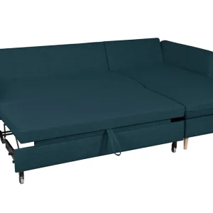 Canapé D’angle Convertible Réversible Avec Coffre 3-4 Places En Tissu Bleu Océan Et Bois Clair DRISS 12