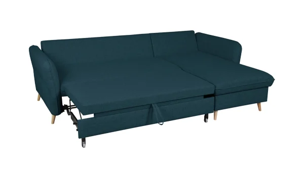 Canapé D’angle Convertible Réversible Avec Coffre 3-4 Places En Tissu Bleu Océan Et Bois Clair DRISS fashion pas cher 4