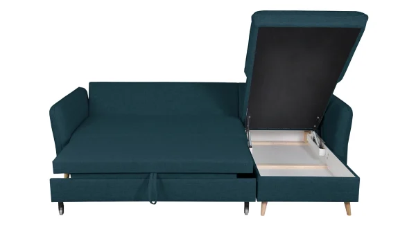 Canapé D’angle Convertible Réversible Avec Coffre 3-4 Places En Tissu Bleu Océan Et Bois Clair DRISS fashion pas cher 5