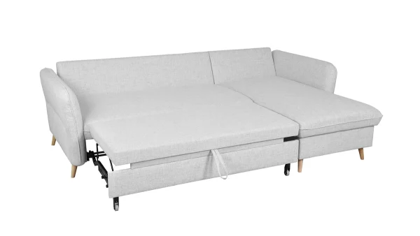 Canapé D’angle Convertible Réversible Avec Coffre 3-4 Places En Tissu Gris Clair Et Bois Clair DRISS Satisfait ou Remboursé 5