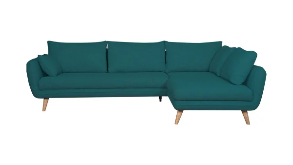 Satisfait ou Remboursé Canapé D’angle Droit Scandinave 5 Places En Tissu Bleu Paon Et Bois Clair CREEP 1