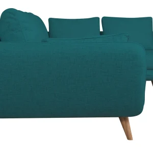 Satisfait ou Remboursé Canapé D’angle Droit Scandinave 5 Places En Tissu Bleu Paon Et Bois Clair CREEP 11