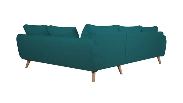 Satisfait ou Remboursé Canapé D’angle Droit Scandinave 5 Places En Tissu Bleu Paon Et Bois Clair CREEP 5