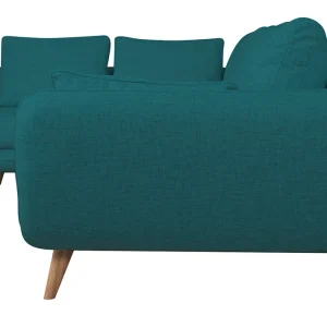 Canapé D’angle Gauche Scandinave 5 Places En Tissu Bleu Paon Et Bois Clair CREEP 12