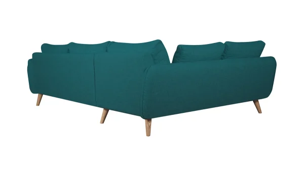 Canapé D’angle Gauche Scandinave 5 Places En Tissu Bleu Paon Et Bois Clair CREEP 5