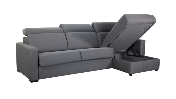 Canapé D’angle Réversible Et Convertible Avec Coffre Et Têtières Ajustables 4 Places En Tissu Gris NORO magasin paris 4