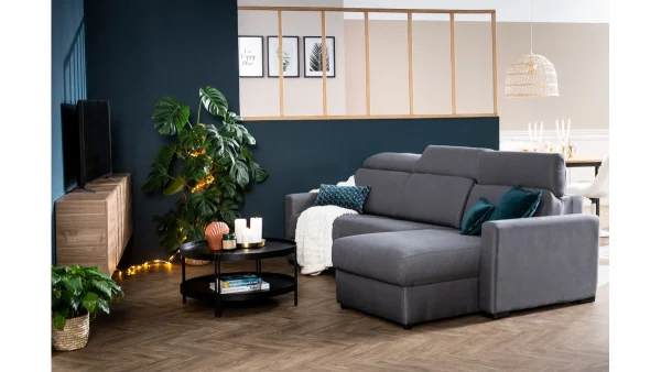 Canapé D’angle Réversible Et Convertible Avec Coffre Et Têtières Ajustables 4 Places En Tissu Gris NORO magasin paris 9