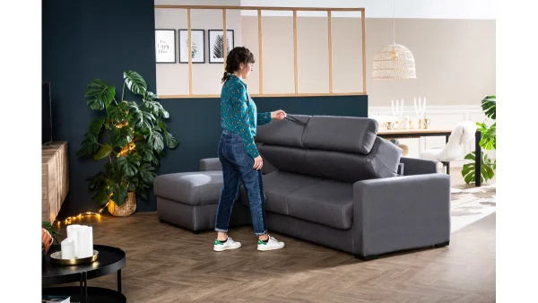 Canapé D’angle Réversible Et Convertible Avec Coffre Et Têtières Ajustables 4 Places En Tissu Gris NORO 10