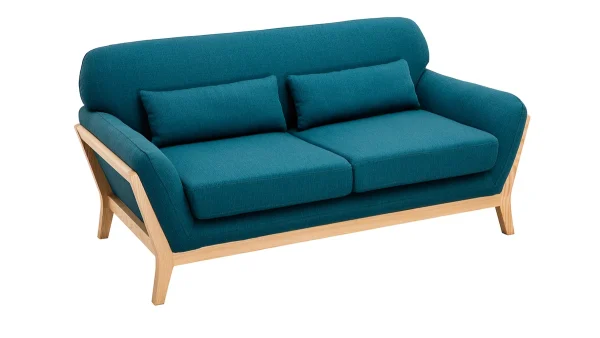 shopping pas cher Canapé Scandinave 2 Places En Tissu Bleu Canard Et Bois Clair YOKO 3