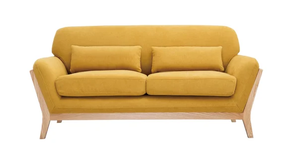 Canapé Scandinave 2 Places En Tissu Effet Velours Jaune Moutarde Et Bois Clair YOKO 1