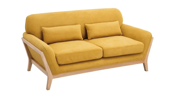 luxe soldes Canapé Scandinave 2 Places En Tissu Effet Velours Jaune Moutarde Et Bois Clair YOKO 3