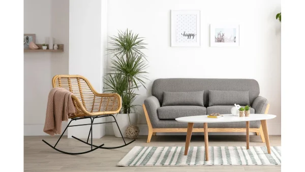 Canapé Scandinave 2 Places En Tissu Effet Velours Jaune Moutarde Et Bois Clair YOKO 7