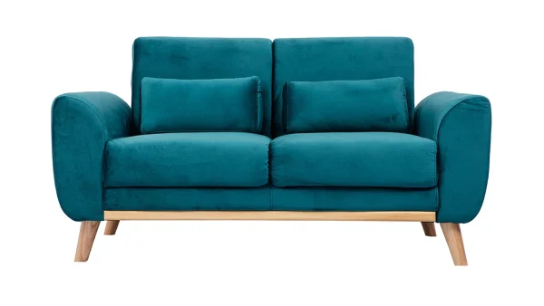 dernières Canapé Scandinave 2 Places En Tissu Velours Bleu Pétrole Et Bois Clair EKTOR 1