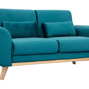 dernières Canapé Scandinave 2 Places En Tissu Velours Bleu Pétrole Et Bois Clair EKTOR 12