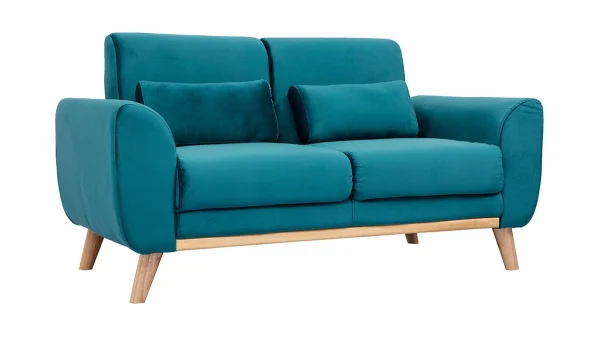 dernières Canapé Scandinave 2 Places En Tissu Velours Bleu Pétrole Et Bois Clair EKTOR 3