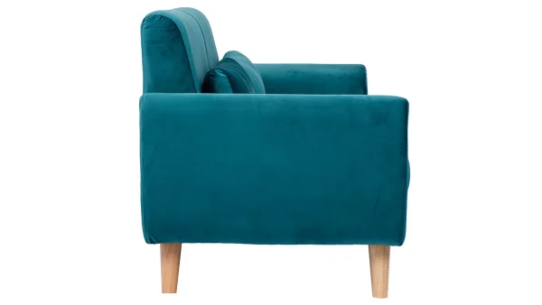 dernières Canapé Scandinave 2 Places En Tissu Velours Bleu Pétrole Et Bois Clair EKTOR 4