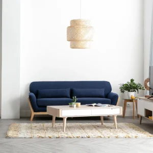 offre spéciale Canapé Scandinave 3 Places En Tissu Bleu Foncé Et Bois Clair YOKO 18