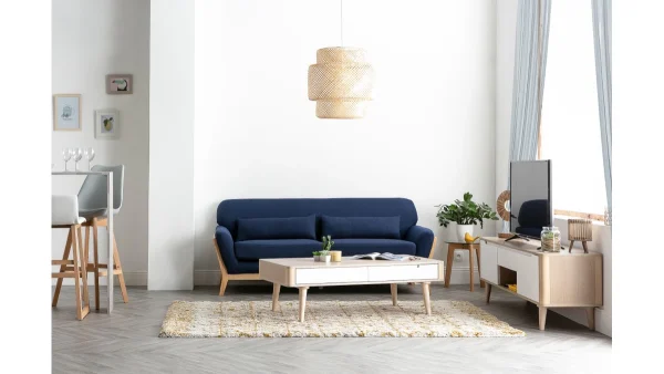 Canapé Scandinave 3 Places En Tissu Bleu Foncé Et Bois Clair YOKO 6