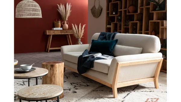 offre spéciale Canapé Scandinave 3 Places En Tissu Bleu Foncé Et Bois Clair YOKO 8