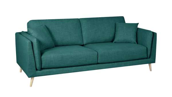 De Qualité Canapé Scandinave 3 Places En Tissu Bleu Paon Et Bois Clair VOGUE 3