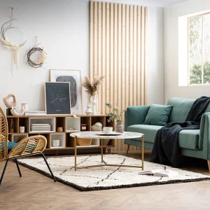 De Qualité Canapé Scandinave 3 Places En Tissu Bleu Paon Et Bois Clair VOGUE 16