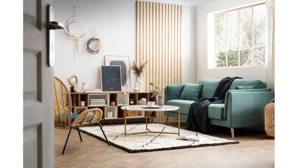 De Qualité Canapé Scandinave 3 Places En Tissu Bleu Paon Et Bois Clair VOGUE 6