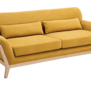 Meilleur Prix Garanti Canapé Scandinave 3 Places En Tissu Effet Velours Jaune Moutarde Et Bois Clair YOKO 12