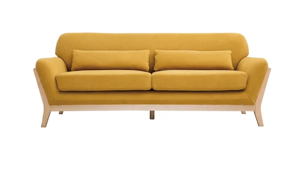 Meilleur Prix Garanti Canapé Scandinave 3 Places En Tissu Effet Velours Jaune Moutarde Et Bois Clair YOKO 1