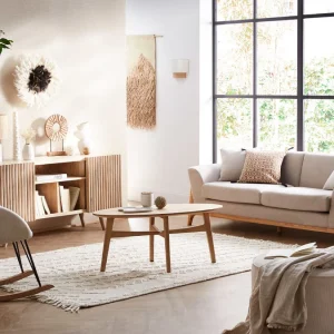 Canapé Scandinave 3 Places En Tissu Effet Velours Texturé Beige Et Bois Clair ASAKO marque pas cher 21