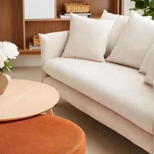 Canapé Scandinave 3 Places En Tissu Velours Côtelé Beige Et Bois Clair OLYMPIA 22