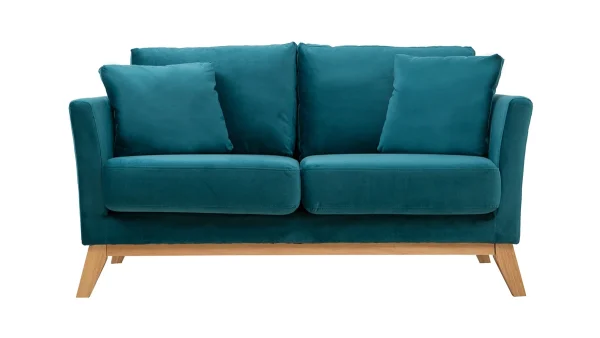 magasin solde Canapé Scandinave Déhoussable 2 Places En Tissu Velours Bleu Pétrole Et Bois Clair OSLO 1