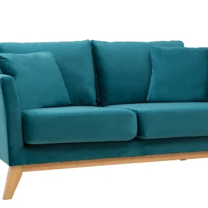 magasin solde Canapé Scandinave Déhoussable 2 Places En Tissu Velours Bleu Pétrole Et Bois Clair OSLO 12