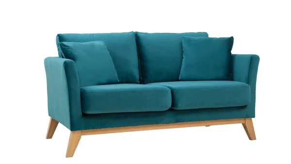 magasin solde Canapé Scandinave Déhoussable 2 Places En Tissu Velours Bleu Pétrole Et Bois Clair OSLO 3