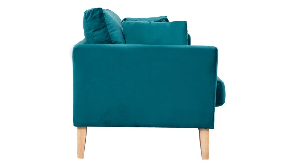 magasin solde Canapé Scandinave Déhoussable 2 Places En Tissu Velours Bleu Pétrole Et Bois Clair OSLO 4