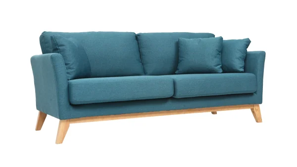 Canapé Scandinave Déhoussable 3 Places En Tissu Bleu Canard Et Bois Clair OSLO 3