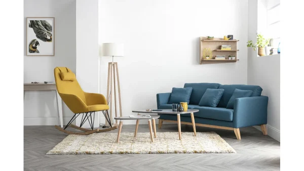 magasin france Canapé Scandinave Déhoussable 3 Places En Tissu Bleu Canard Et Bois Clair OSLO 6