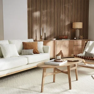 grande popularité Canapé Scandinave Déhoussable 3 Places En Tissu Effet Laine Bouclée écru Et Bois Clair OSLO 20