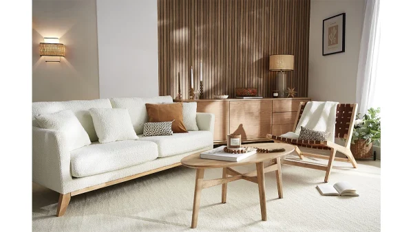 grande popularité Canapé Scandinave Déhoussable 3 Places En Tissu Effet Laine Bouclée écru Et Bois Clair OSLO 7