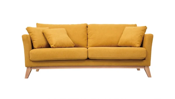 Canapé Scandinave Déhoussable 3 Places En Tissu Effet Velours Jaune Moutarde Et Bois Clair OSLO soldes luxe 1