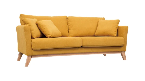 Canapé Scandinave Déhoussable 3 Places En Tissu Effet Velours Jaune Moutarde Et Bois Clair OSLO 3