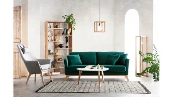 Nouvelle tendance Canapé Scandinave Déhoussable 3 Places En Tissu Velours Vert émeraude Et Bois Clair OSLO 6