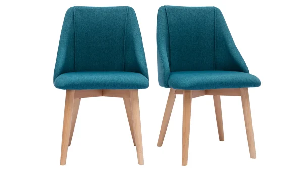 Chaises En Tissu Effet Velours Texturé Bleu Canard Et Bois Clair Massif (lot De 2) HIGGINS 1