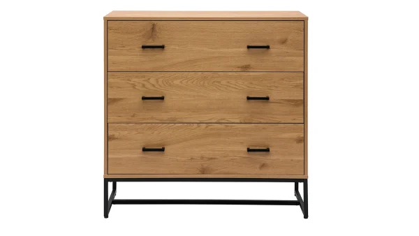 Commode 3 Tiroirs Finition Bois Clair Chêne Et Métal Noir L100 Cm LOVATO 1