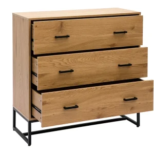 Commode 3 Tiroirs Finition Bois Clair Chêne Et Métal Noir L100 Cm LOVATO 9